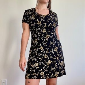 90s Black Mini Dress w/ Gold Floral Design